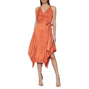 BCBGMAXAZRIA Dotted Satin Handkerchief-hem Midi Dress Papaya Size Large ($268)